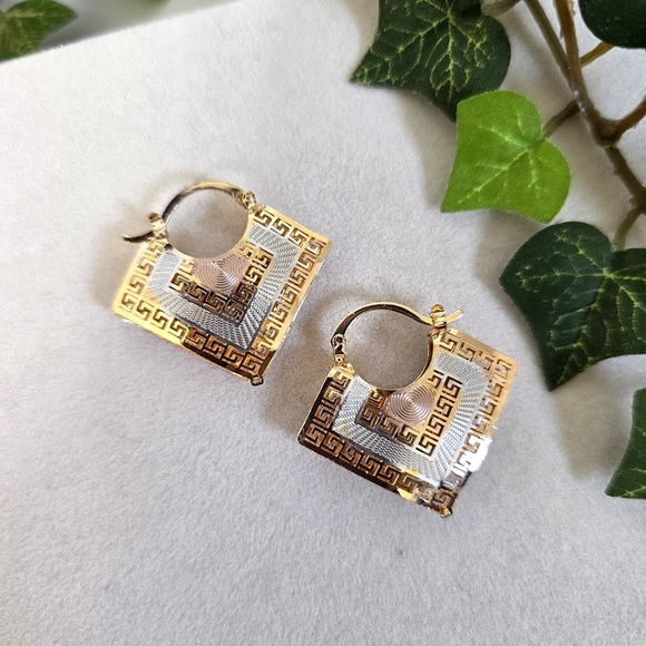 Gold Filled Cut Out Greek Key Basket Earrings - Picture 1 of 9